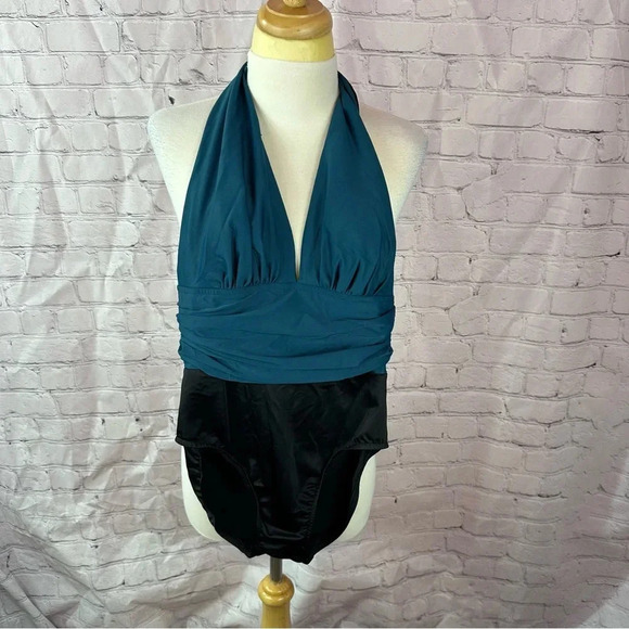 magicsuit Yves one piece swimsuit colorblock halter with plunging neckline sz 8 - Picture 1 of 7
